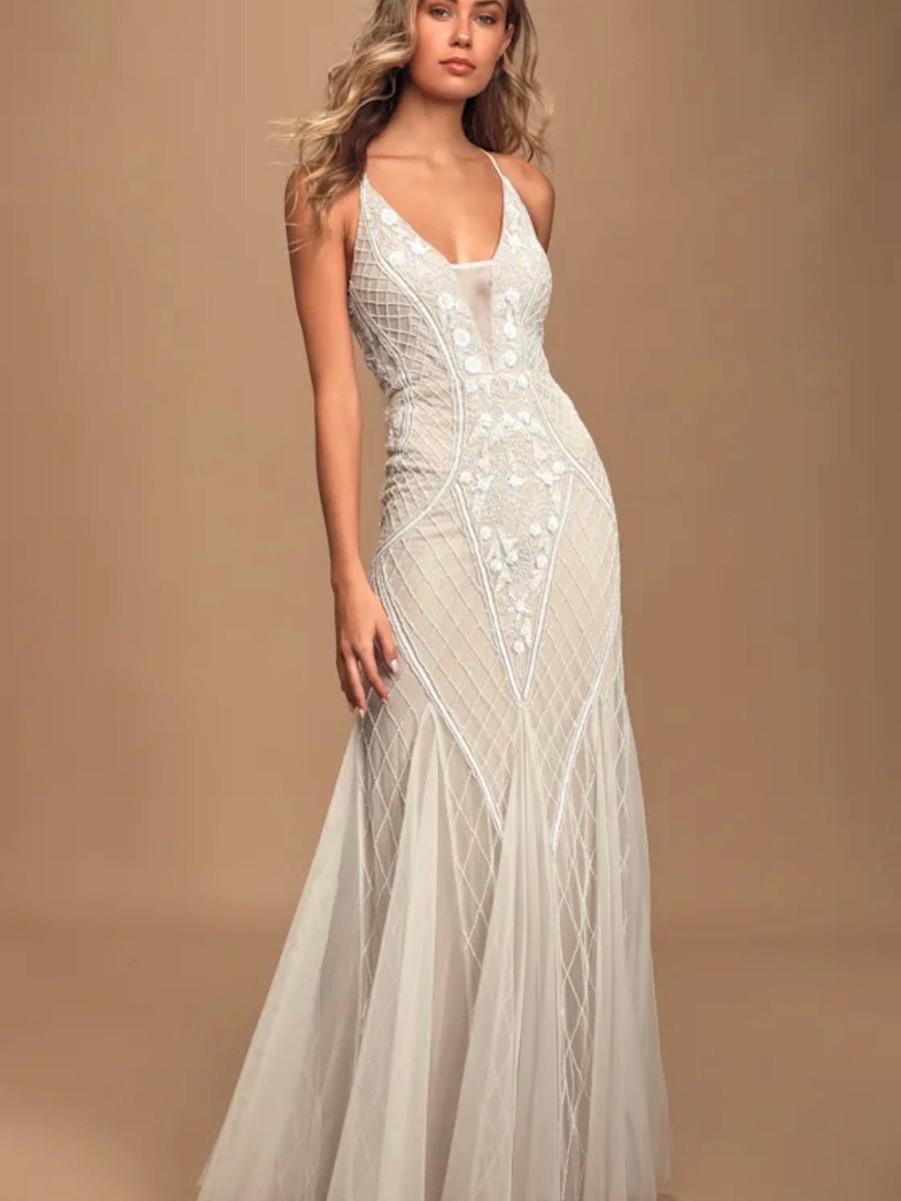 NWT This I Promise You White Nude Beaded Sequin Maxi Dress Wedding Boho Gown S